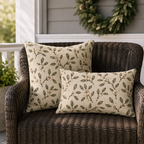 Olive leaves and pale snowberries on brown twigs, block printed on cream