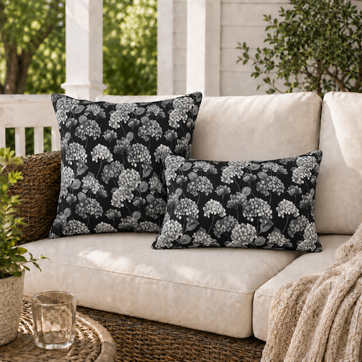 Hydrangea Black Outdoor Lumbar Pillow