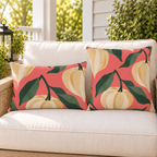 Coral Chinese lantern pod fall outdoor pillow and outdoor lumbar pillow styled together as a set