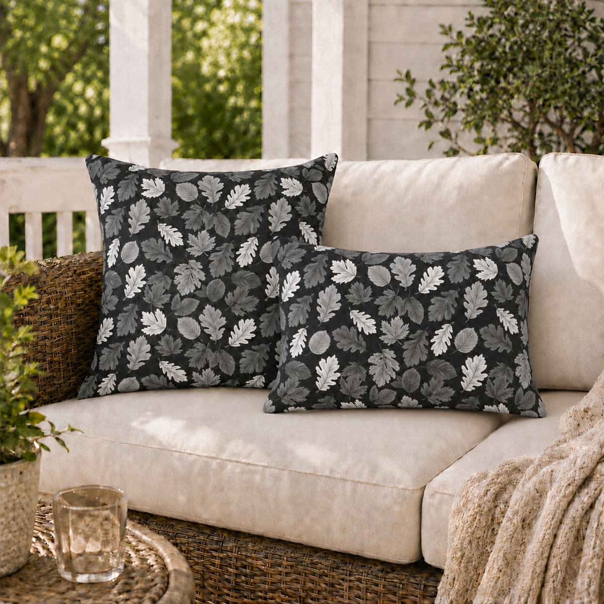 Woodland Leaf Charcoal Outdoor Lumbar Pillow