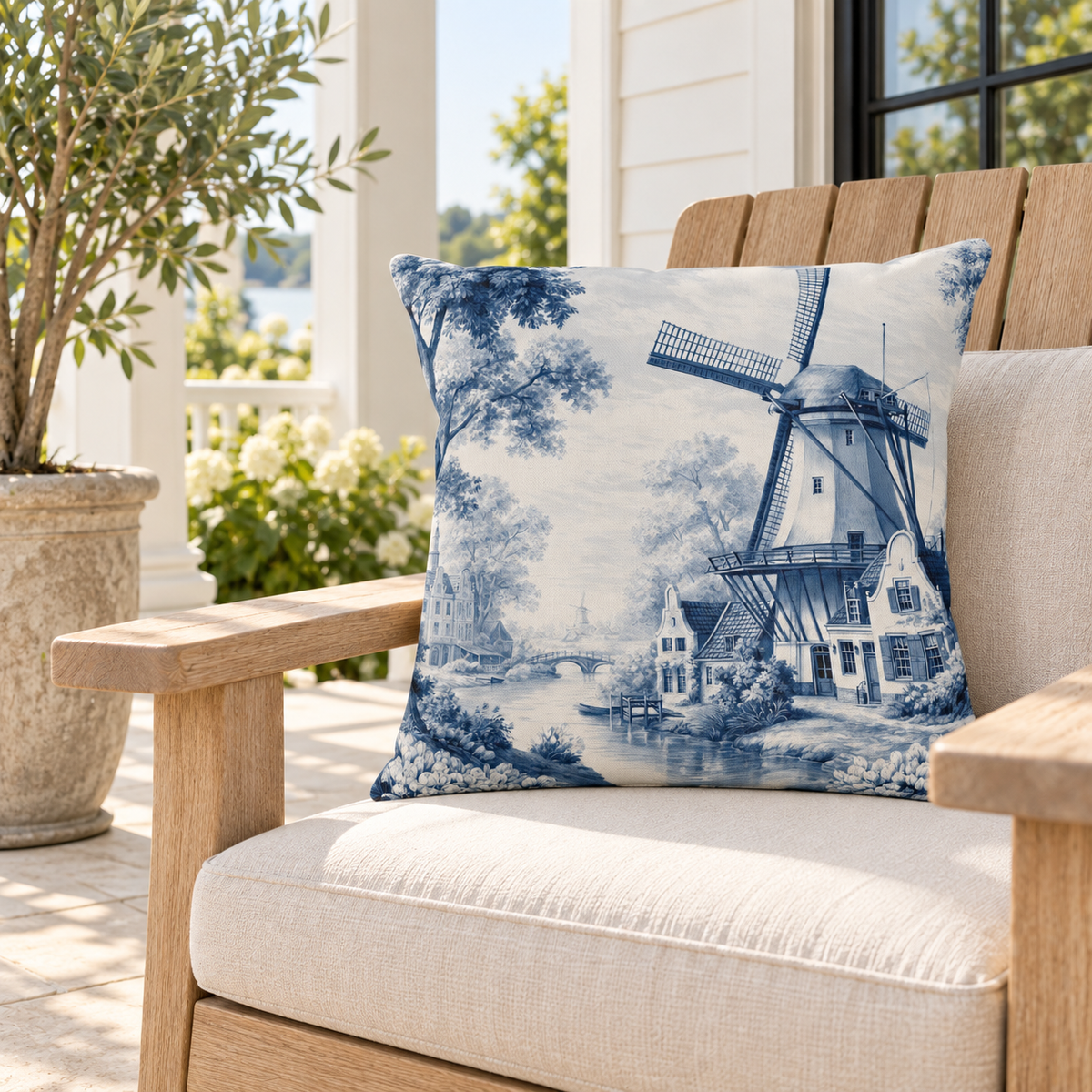 Delft blue outdoor pillow on a light porch bench
