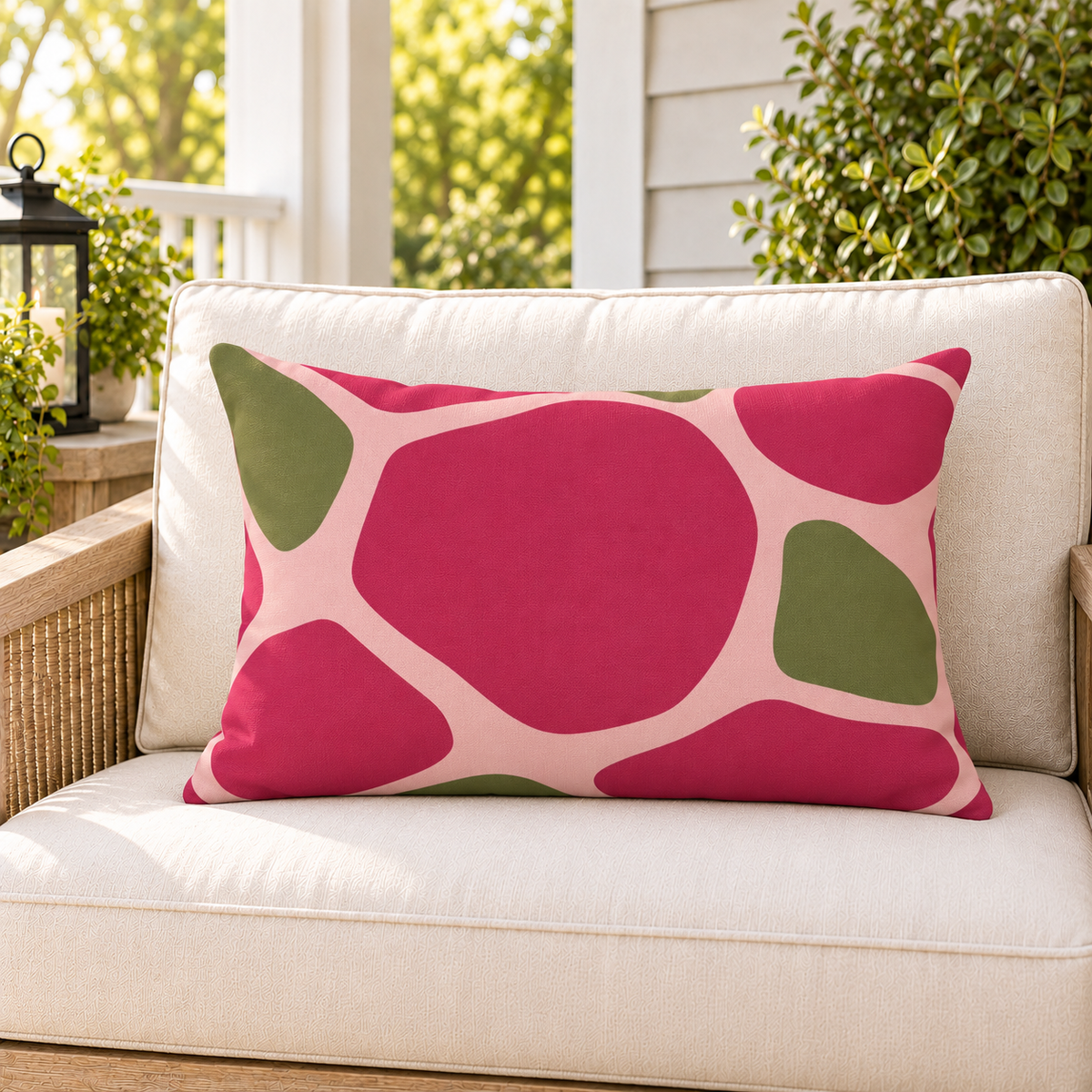 Pink and olive pebble outdoor lumbar pillow styled on patio furniture