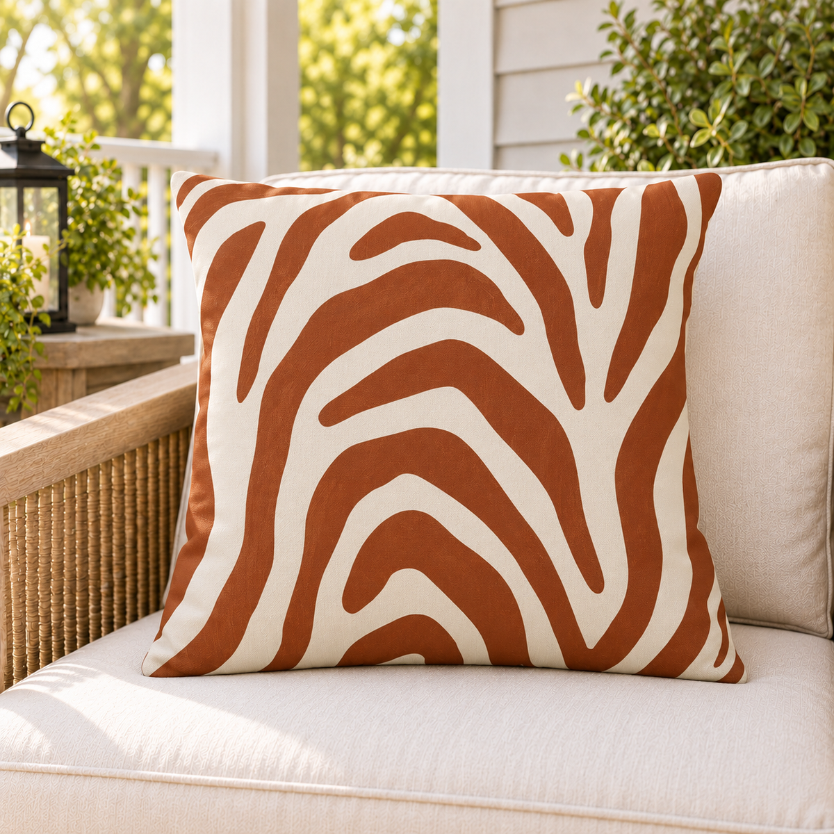 Rust zebra stripe outdoor pillow styled on patio furniture