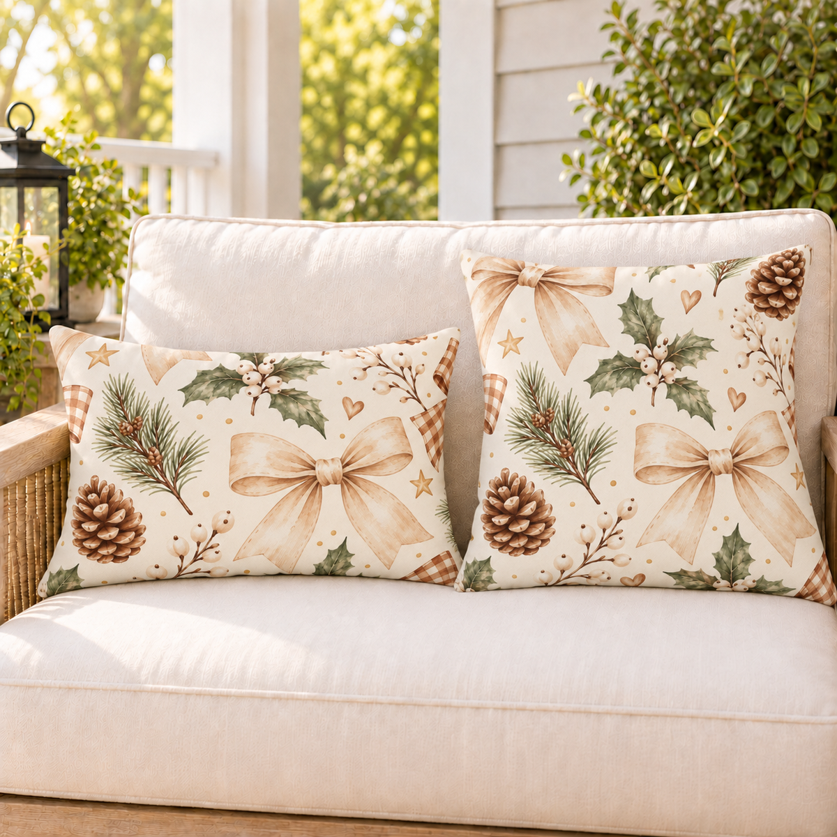 Cream Christmas holly and pinecone outdoor pillow and outdoor lumbar pillow styled together as a set