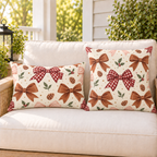 Brown and red gingham bow Christmas outdoor pillow and outdoor lumbar pillow styled together as a set