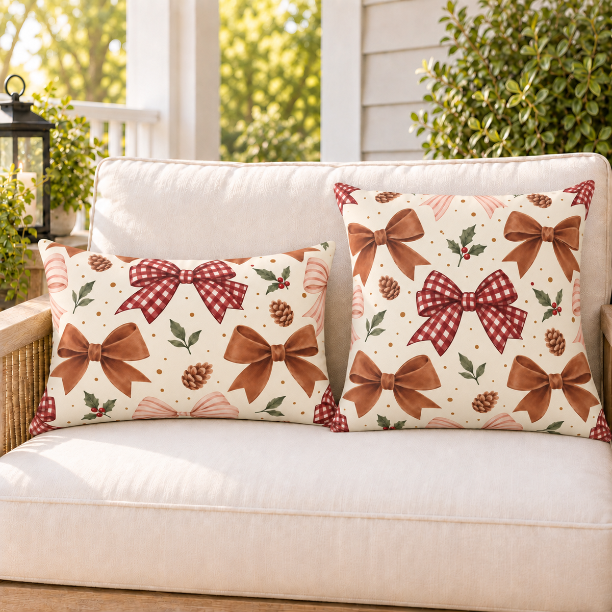 Brown and red gingham bow Christmas outdoor pillow and outdoor lumbar pillow styled together as a set