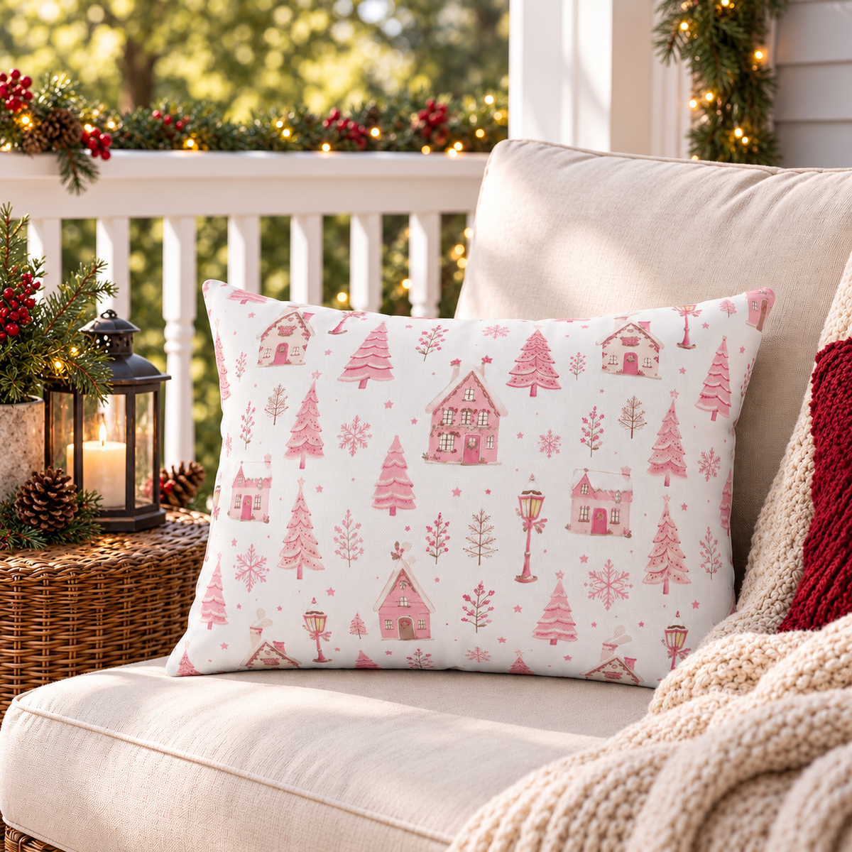 Christmas Village Pink Outdoor Lumbar Pillow