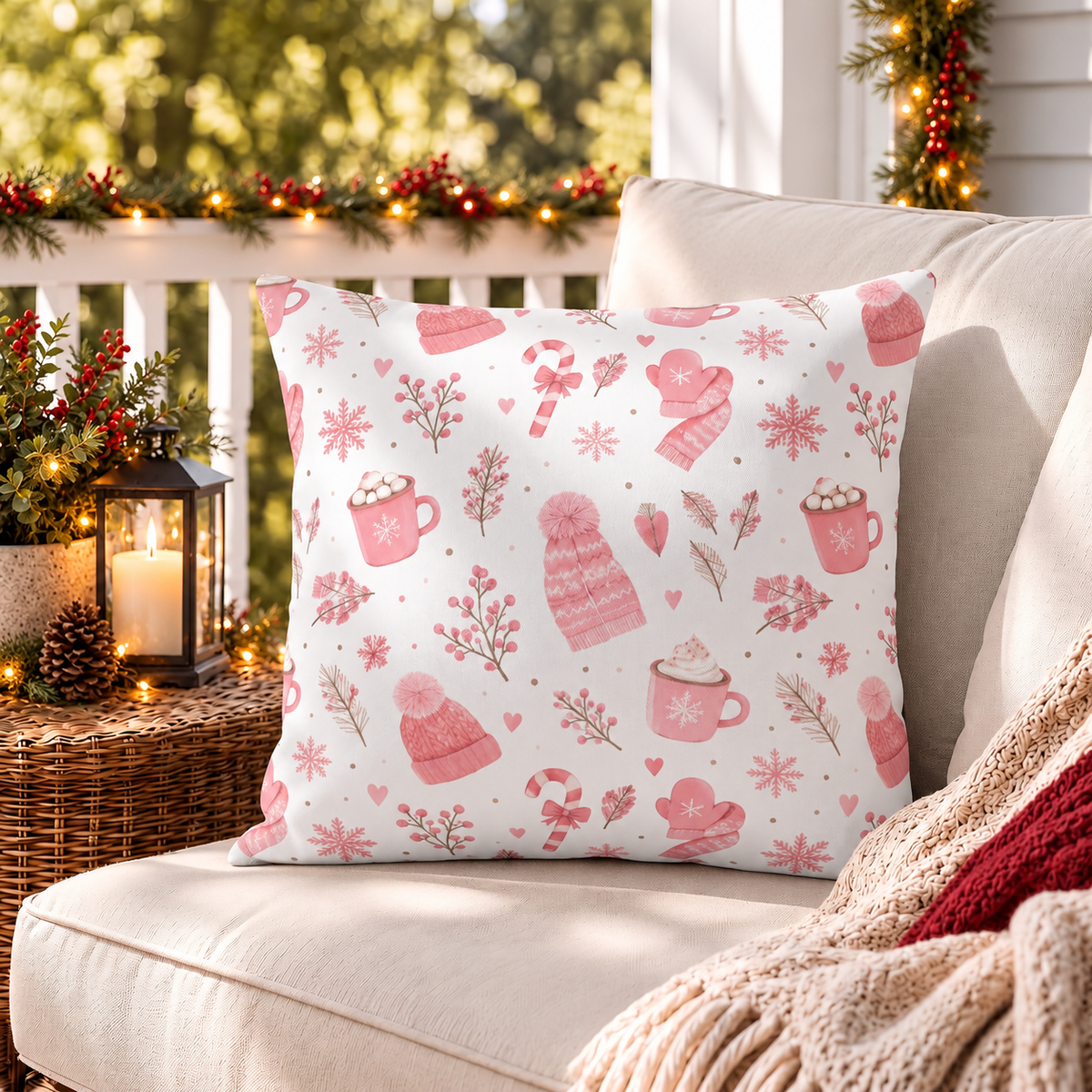 Winter Cocoa Pink Outdoor Pillow