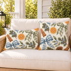 Blue gingham bow and dried orange Christmas outdoor pillow and outdoor lumbar pillow styled together as a set
