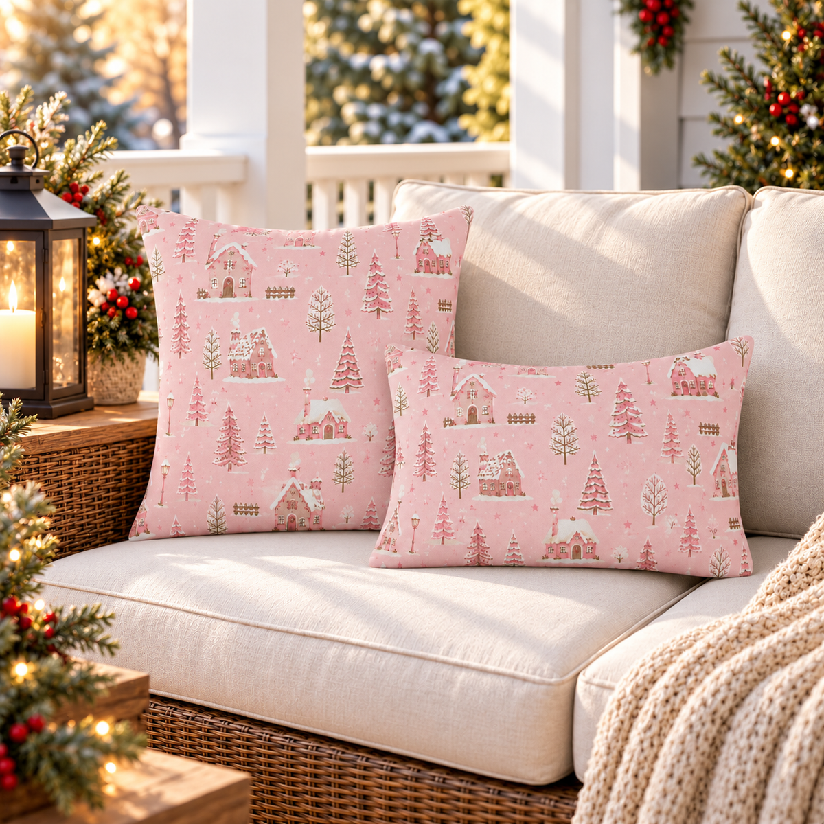 Winter Village Pink Outdoor Pillow