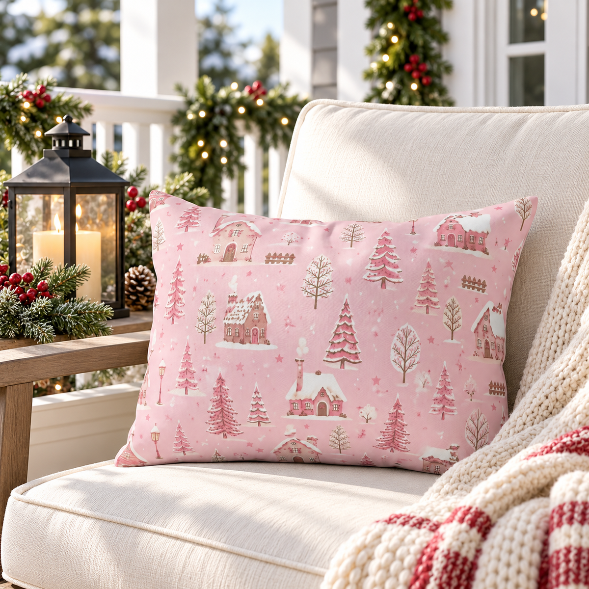 Winter Village Pink Outdoor Lumbar Pillow