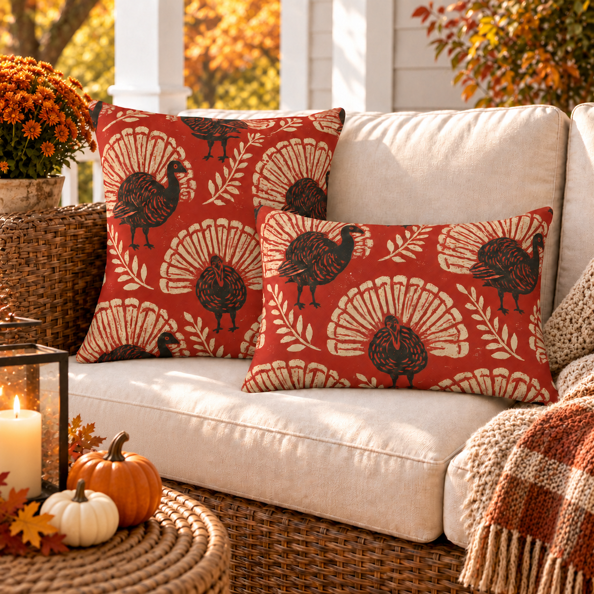 Harvest Turkey Red Outdoor Pillow