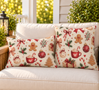 Red gingerbread and candy cane Christmas outdoor pillow and outdoor lumbar pillow styled together as a set