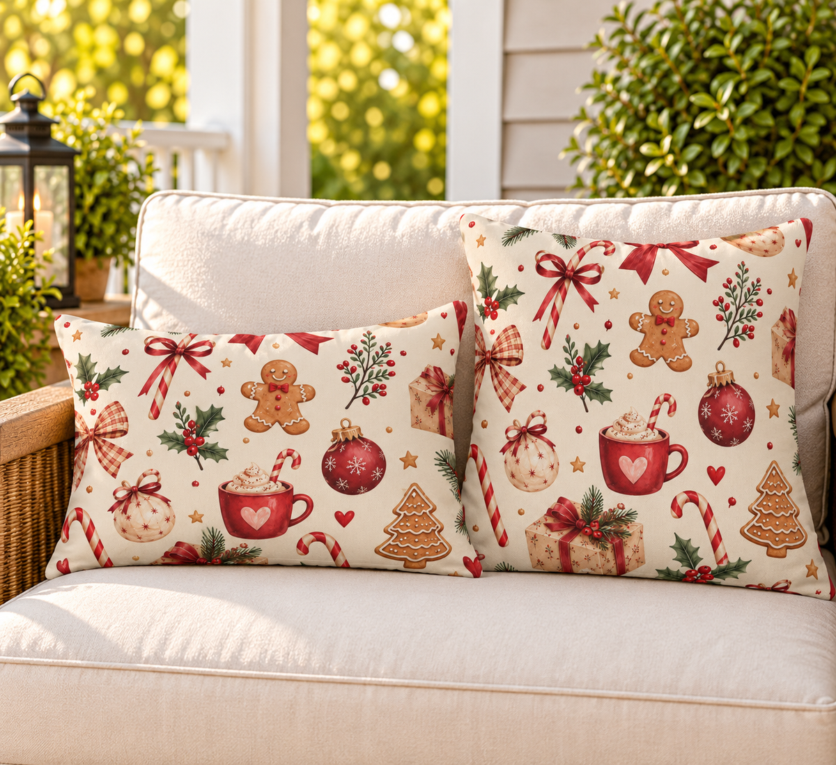 Red gingerbread and candy cane Christmas outdoor pillow and outdoor lumbar pillow styled together as a set
