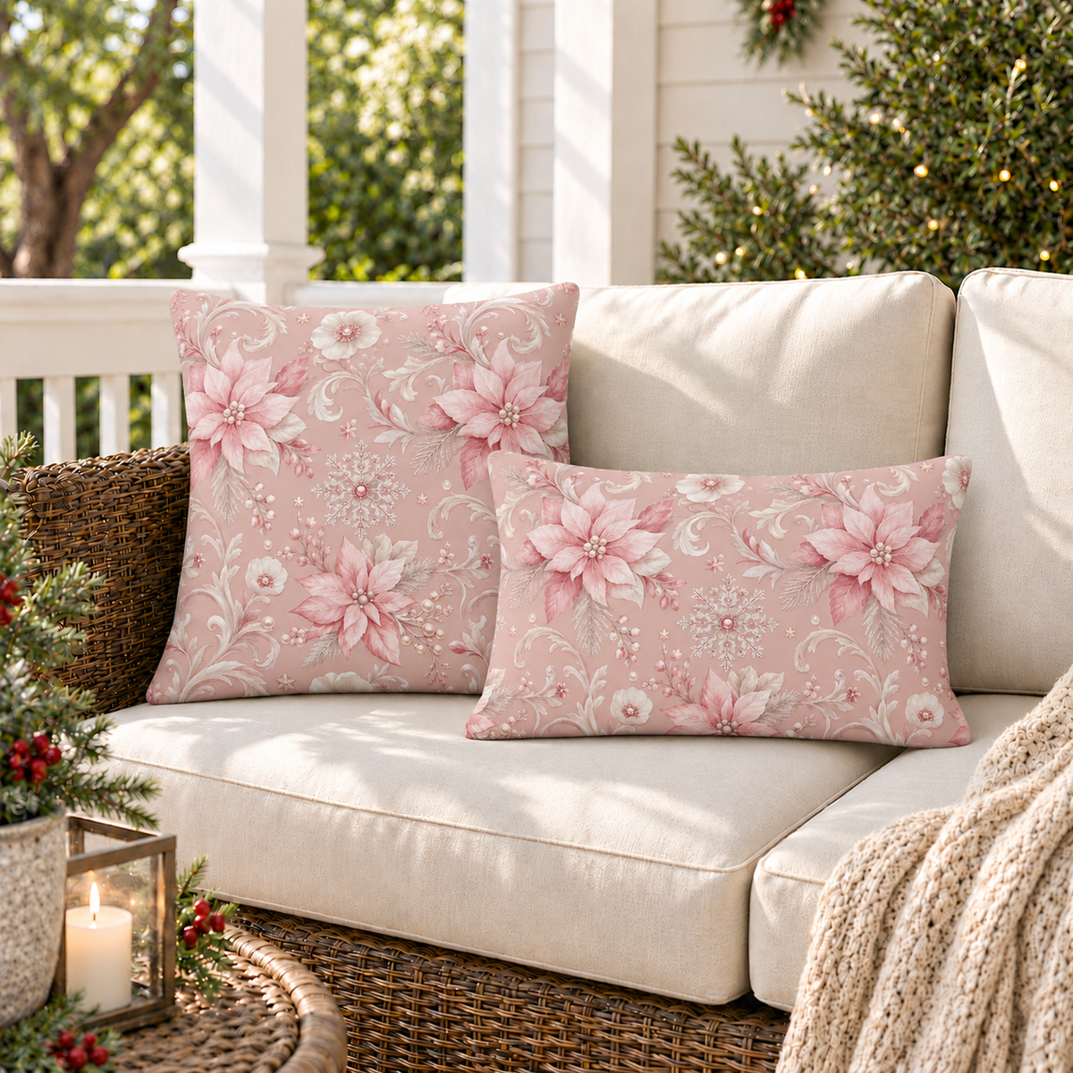 Poinsettia Rose Outdoor Lumbar Pillow