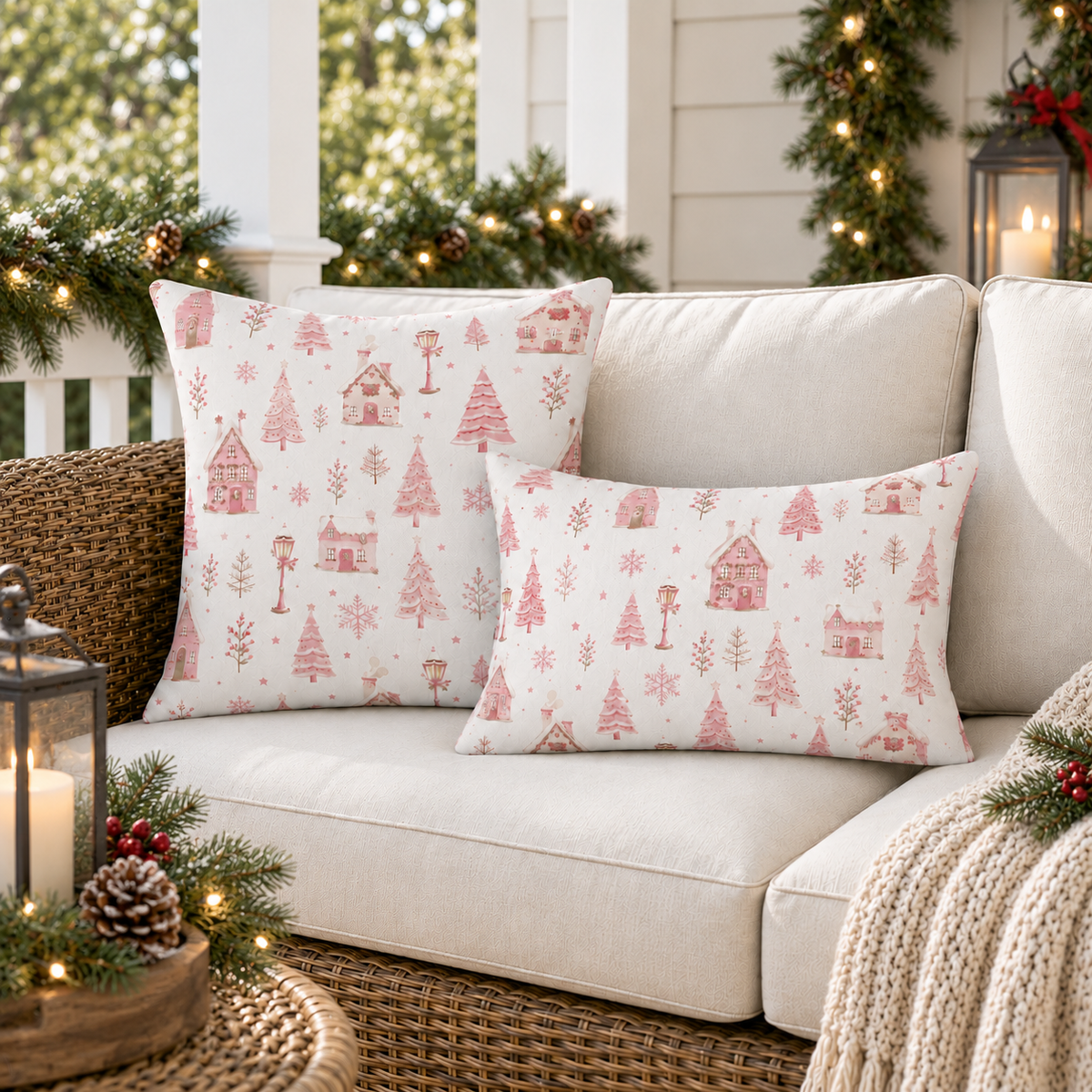 Christmas Village Pink Outdoor Lumbar Pillow