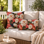 Coral red poppy and peony outdoor pillows styled together on a porch