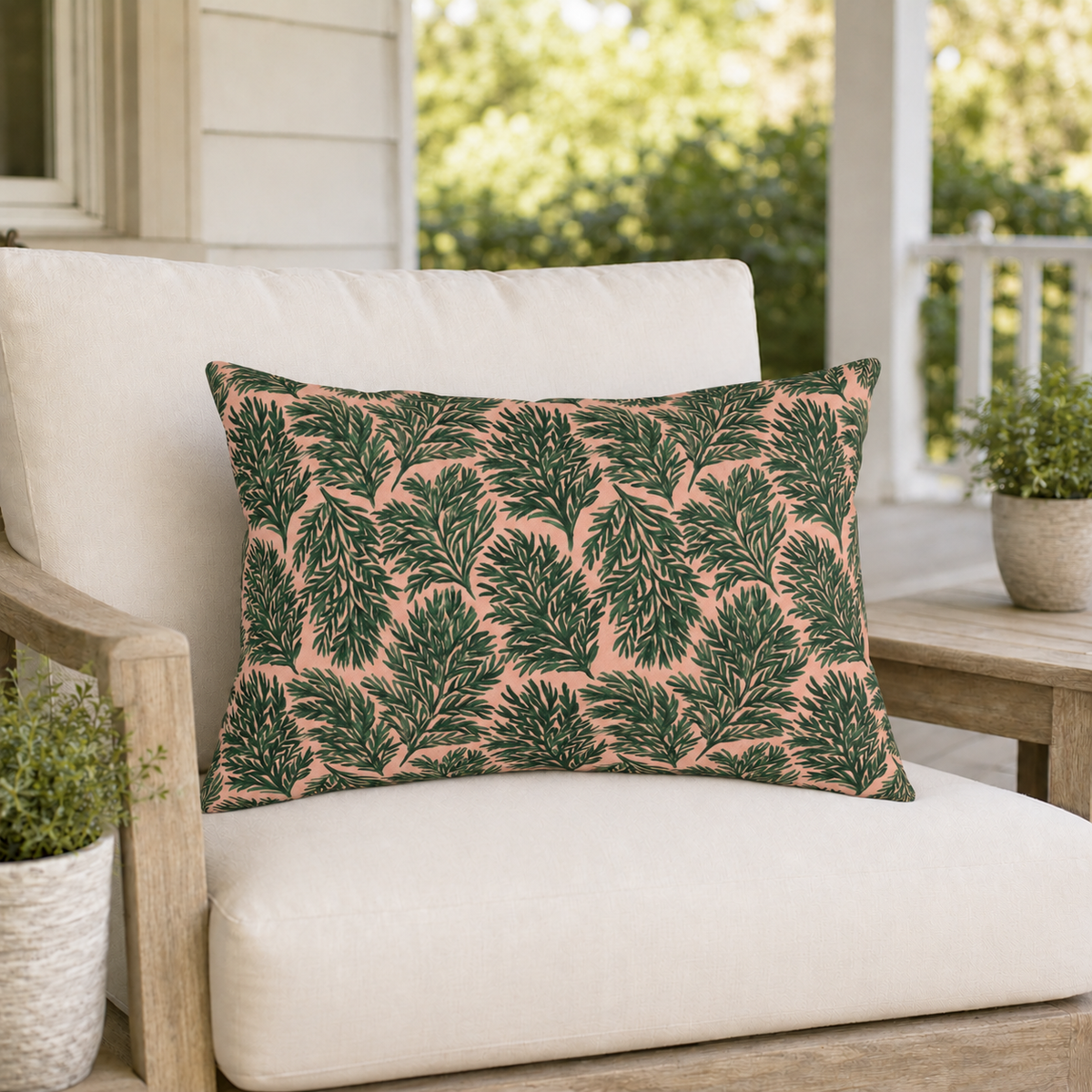 Pine Sprig Blush Outdoor Lumbar Pillow