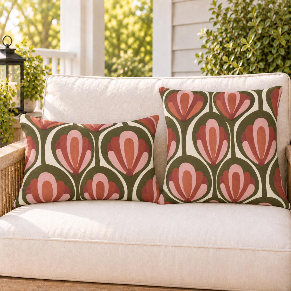 Olive and rust retro tulip outdoor pillow and outdoor lumbar pillow styled together as a set