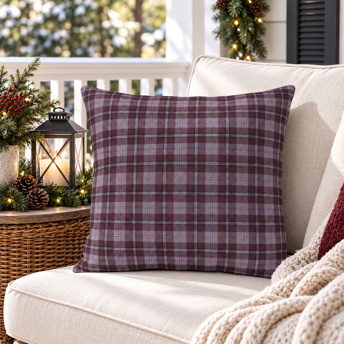 Highland Plaid Wine Outdoor Pillow