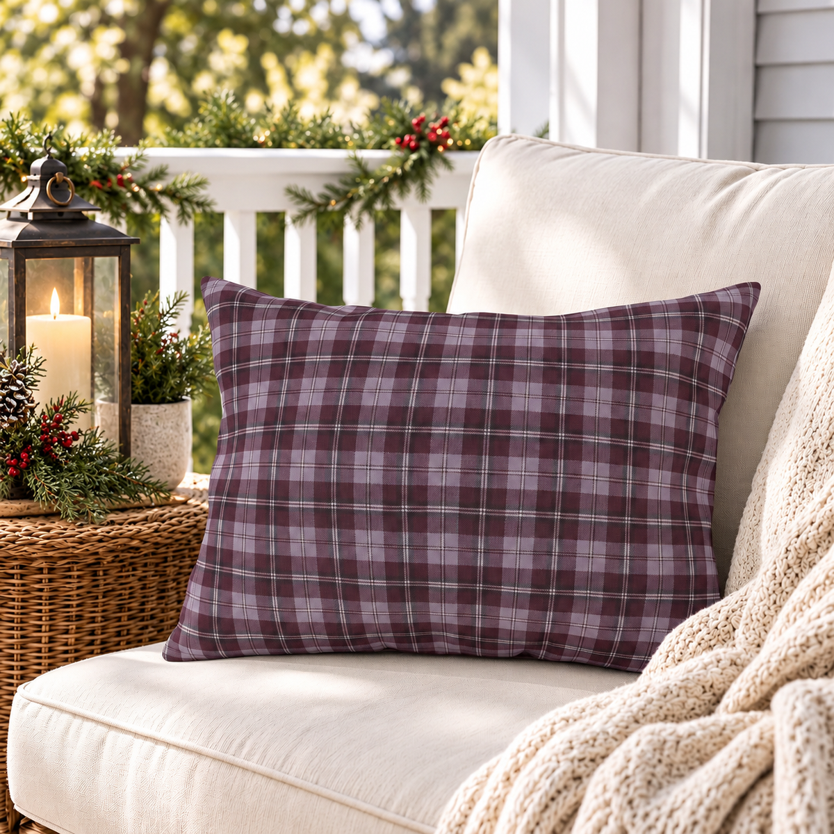 Highland Plaid Wine Outdoor Lumbar Pillow