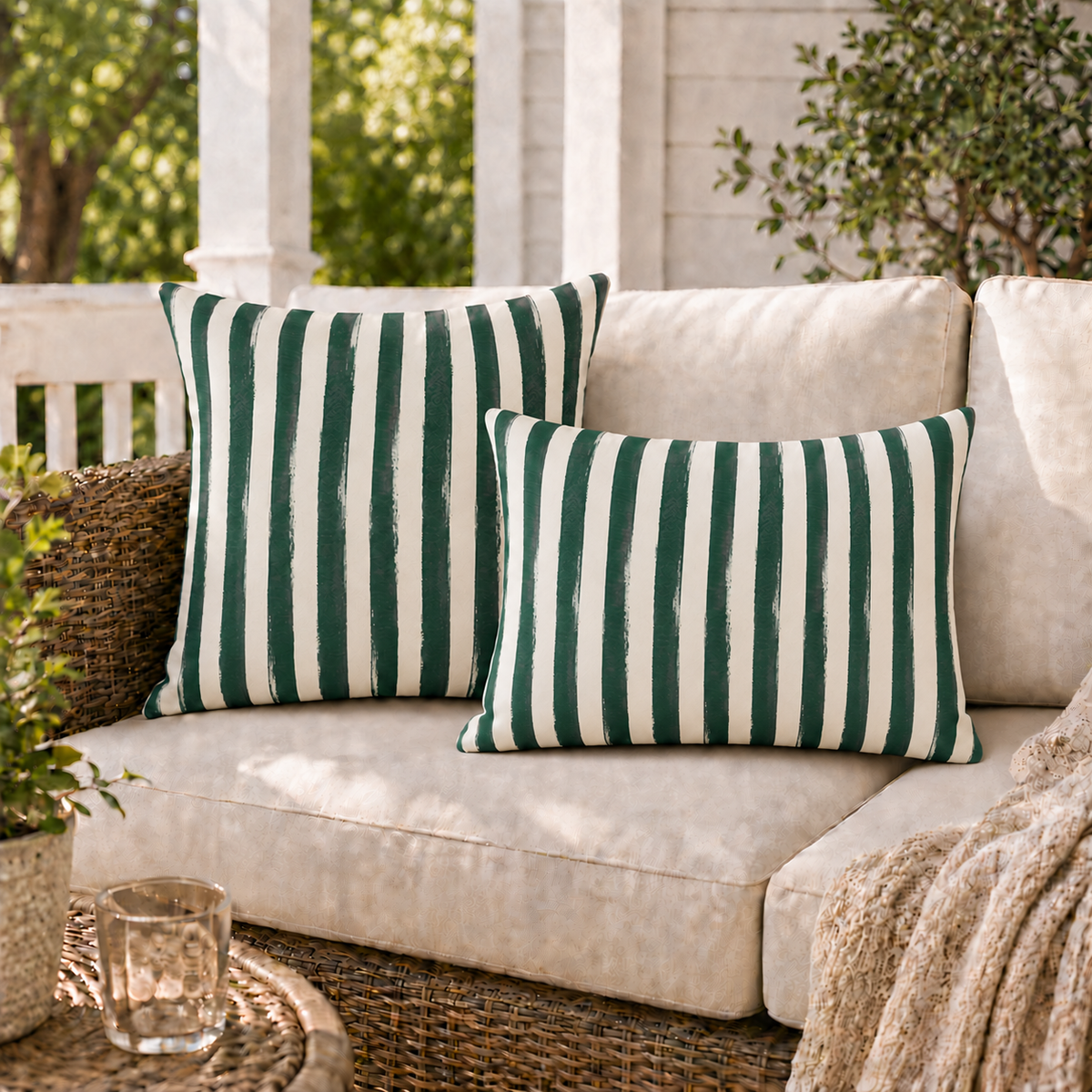 Painted Stripe Green Outdoor Lumbar Pillow