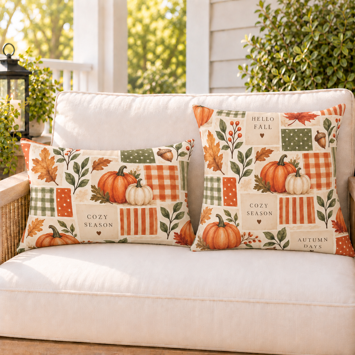 Fall outdoor pillows grouped on a porch bench