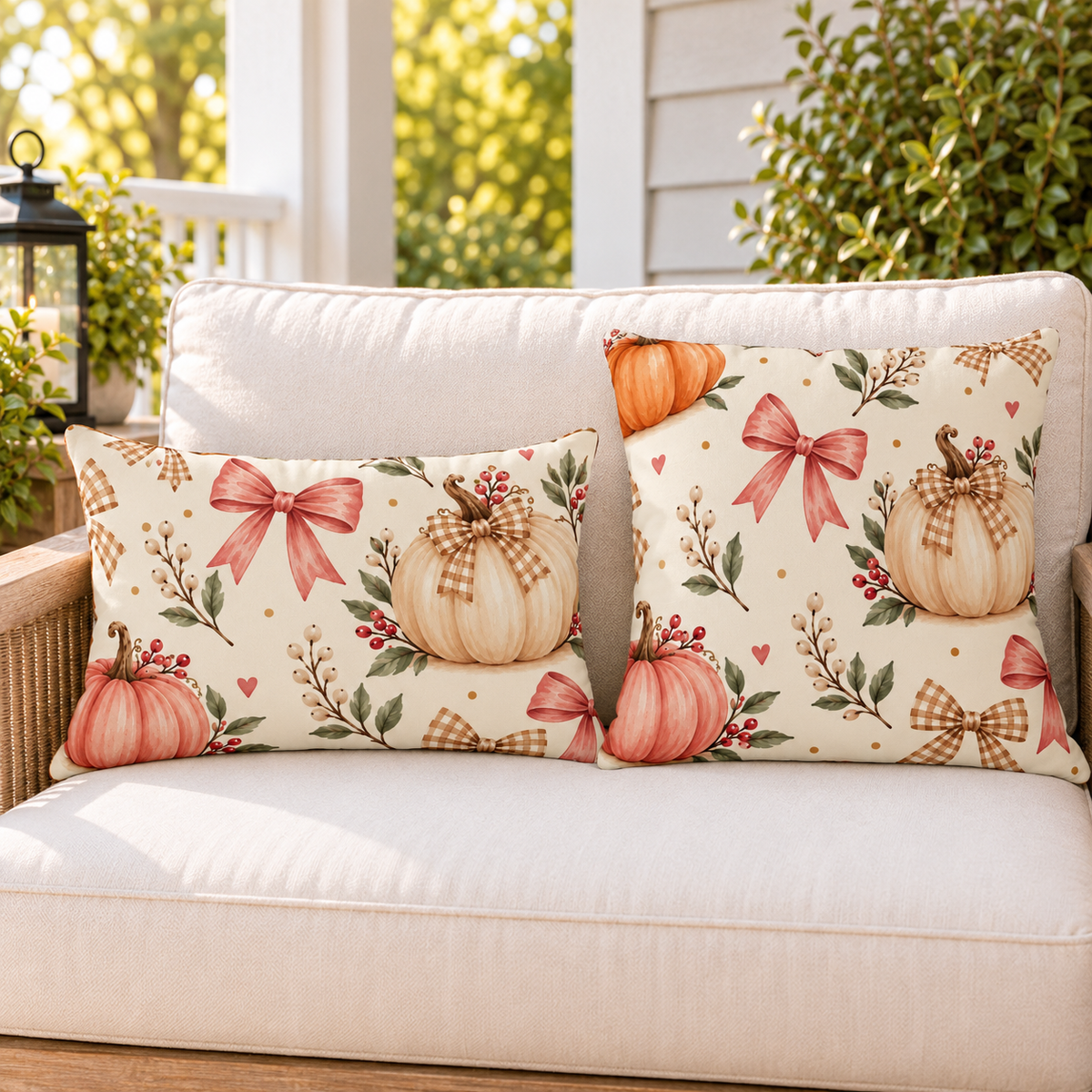 Cream fall pumpkin and bow outdoor pillow and outdoor lumbar pillow styled together as a set