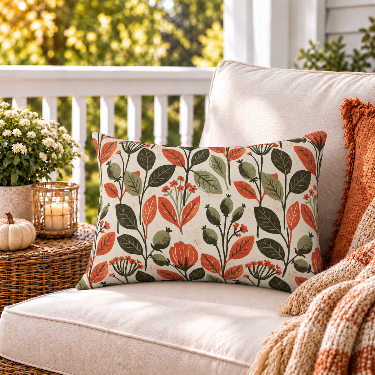 Autumn Botanical Rust Outdoor Lumbar Pillow