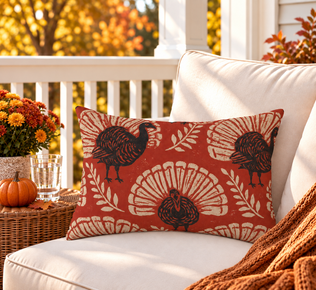 Harvest Turkey Red Outdoor Lumbar Pillow