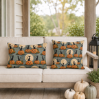 Black cat and pumpkin outdoor pillows on sage grey styled together on a porch