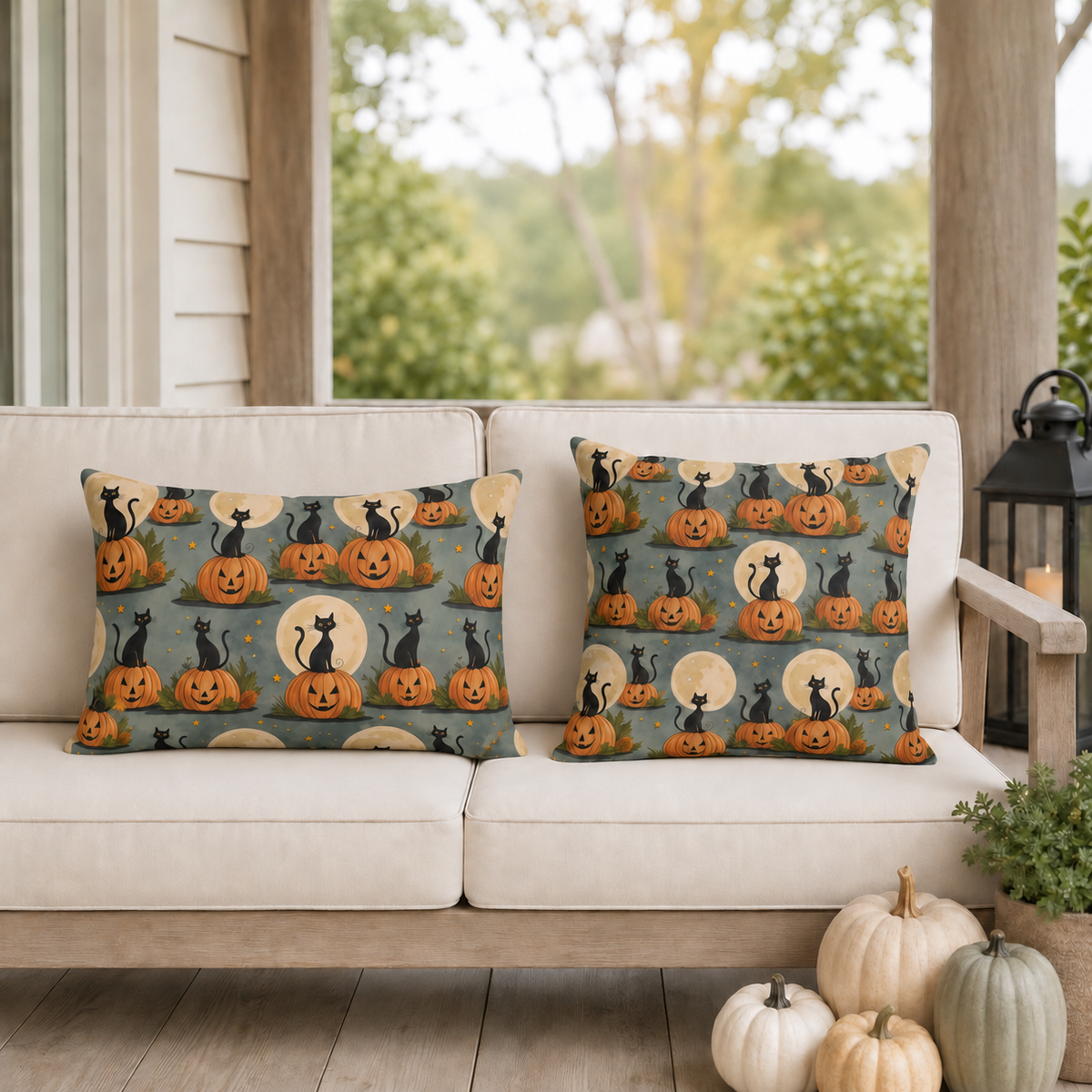 Black cat and pumpkin outdoor pillows on sage grey styled together on a porch