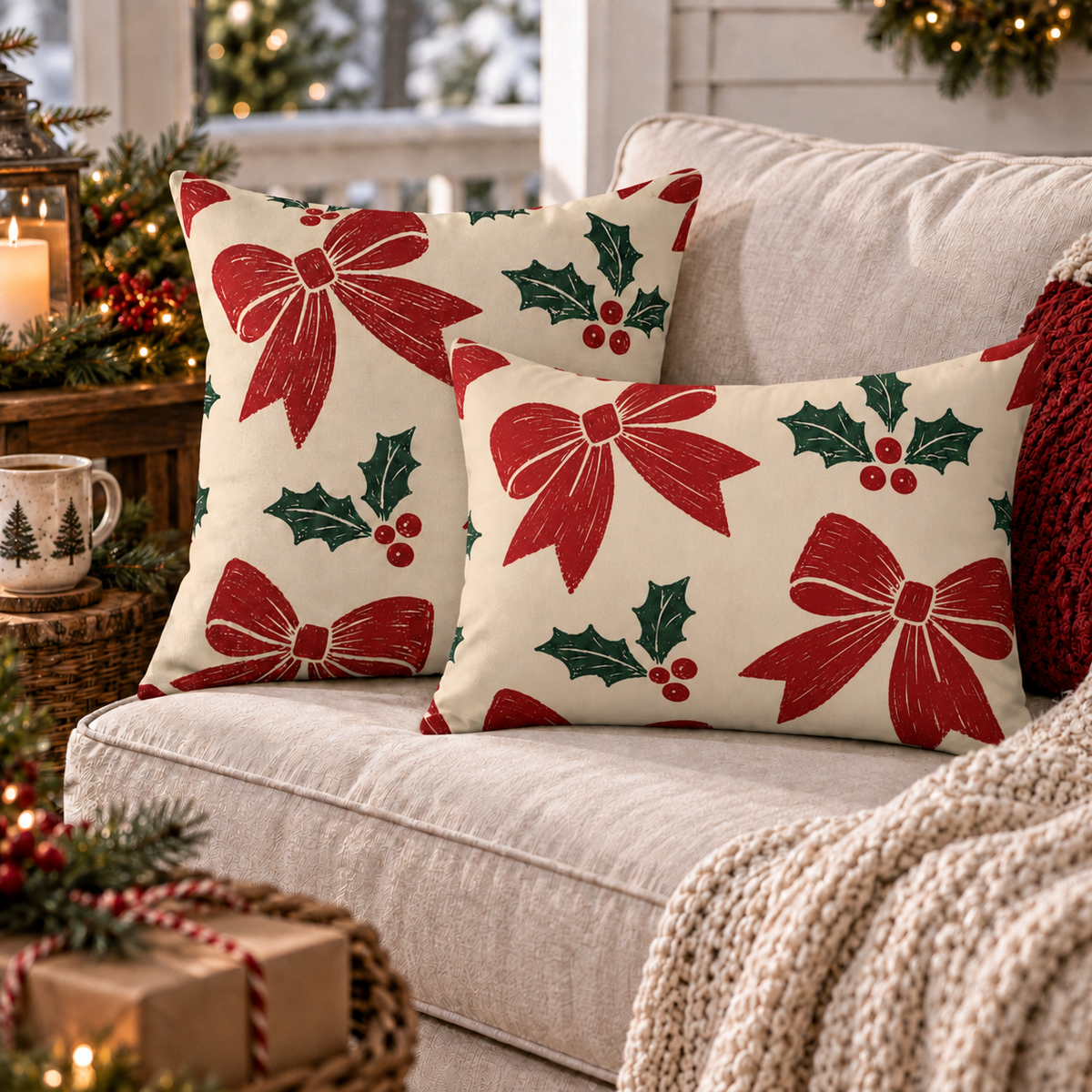 Holly Bow Red Outdoor Pillow