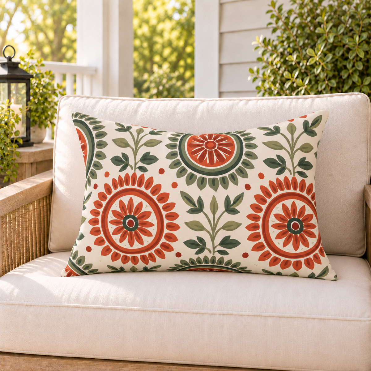 Terracotta and sage folk medallion outdoor lumbar pillow styled on patio furniture