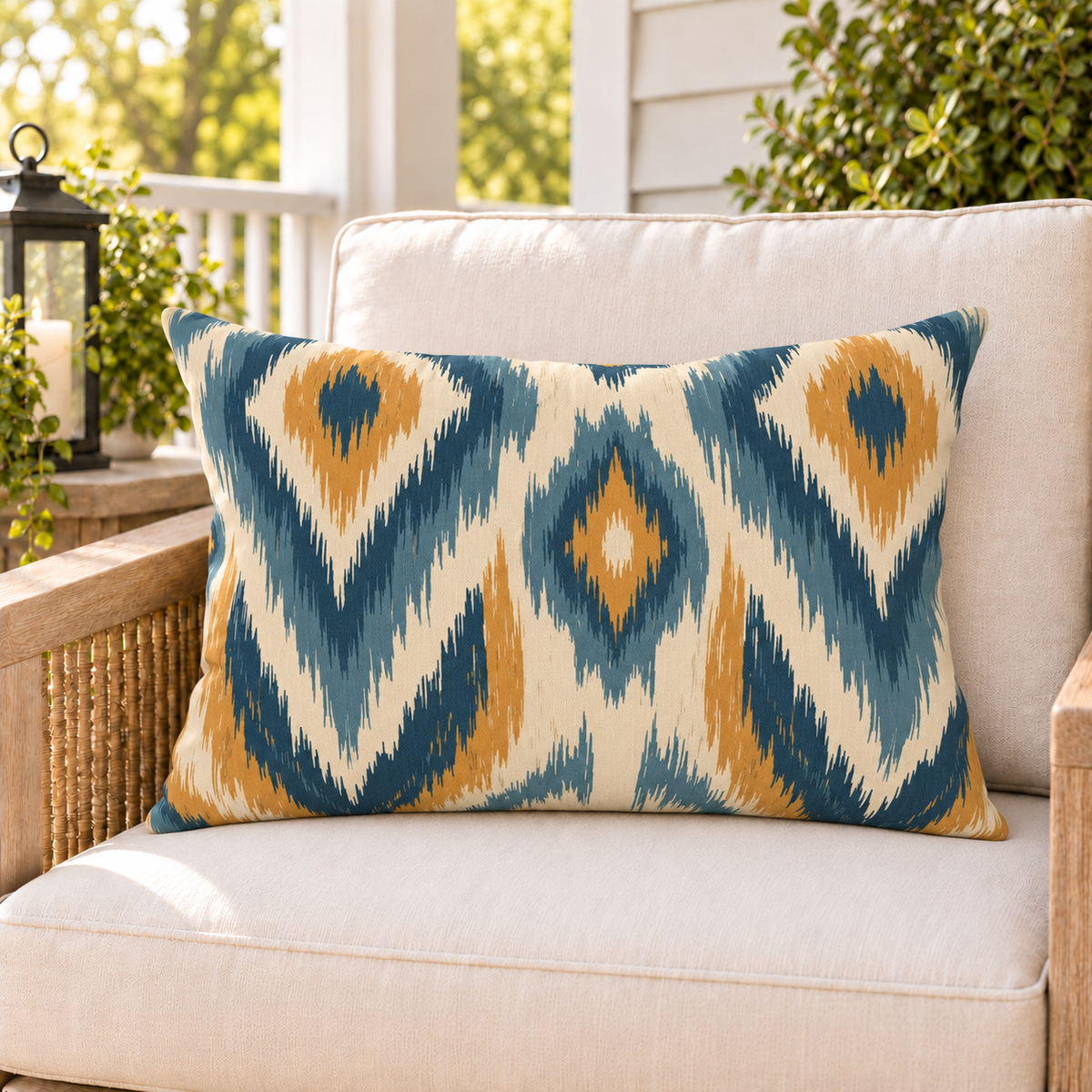 Blue and mustard ikat outdoor lumbar pillow styled on patio furniture
