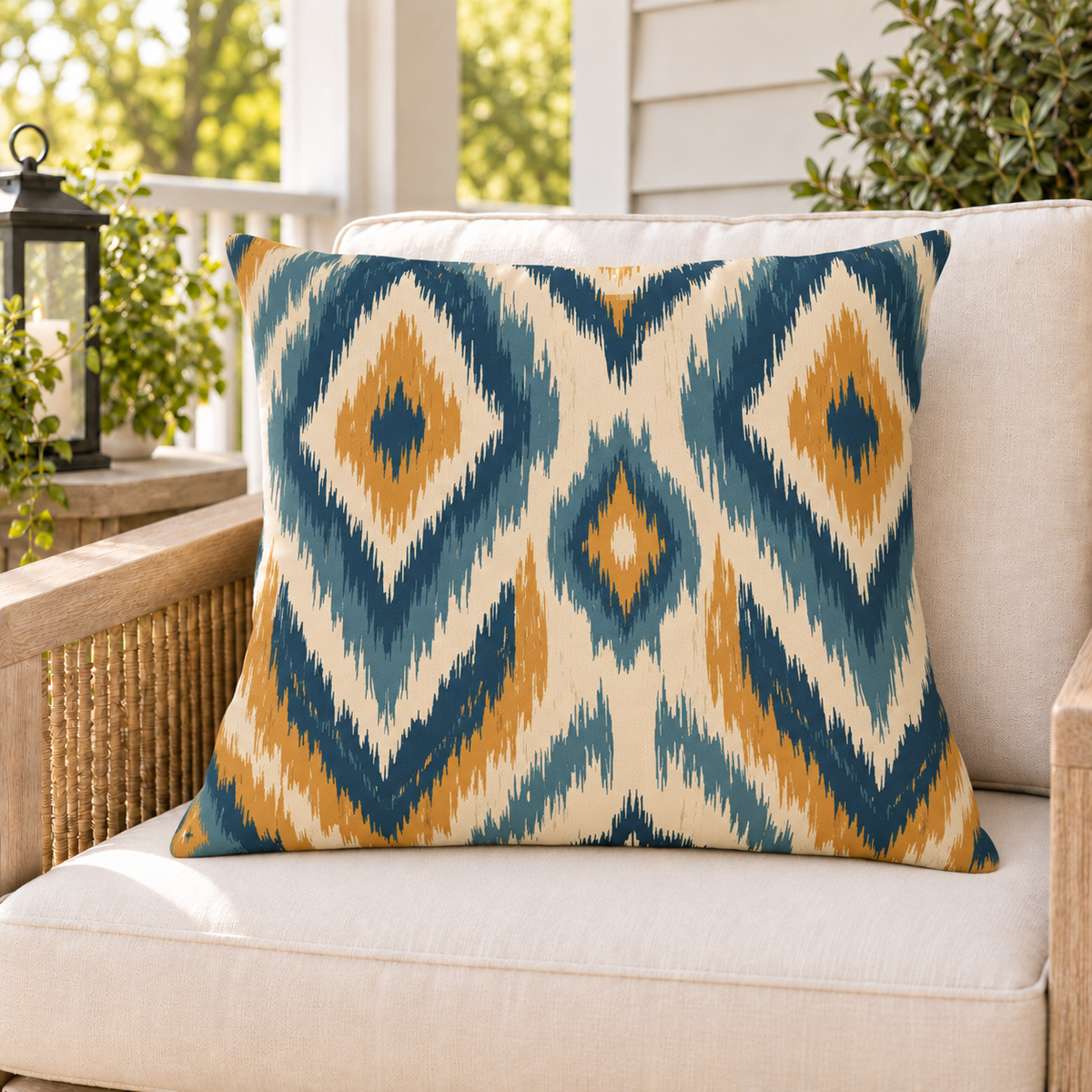 Blue and mustard ikat outdoor pillow styled on patio furniture