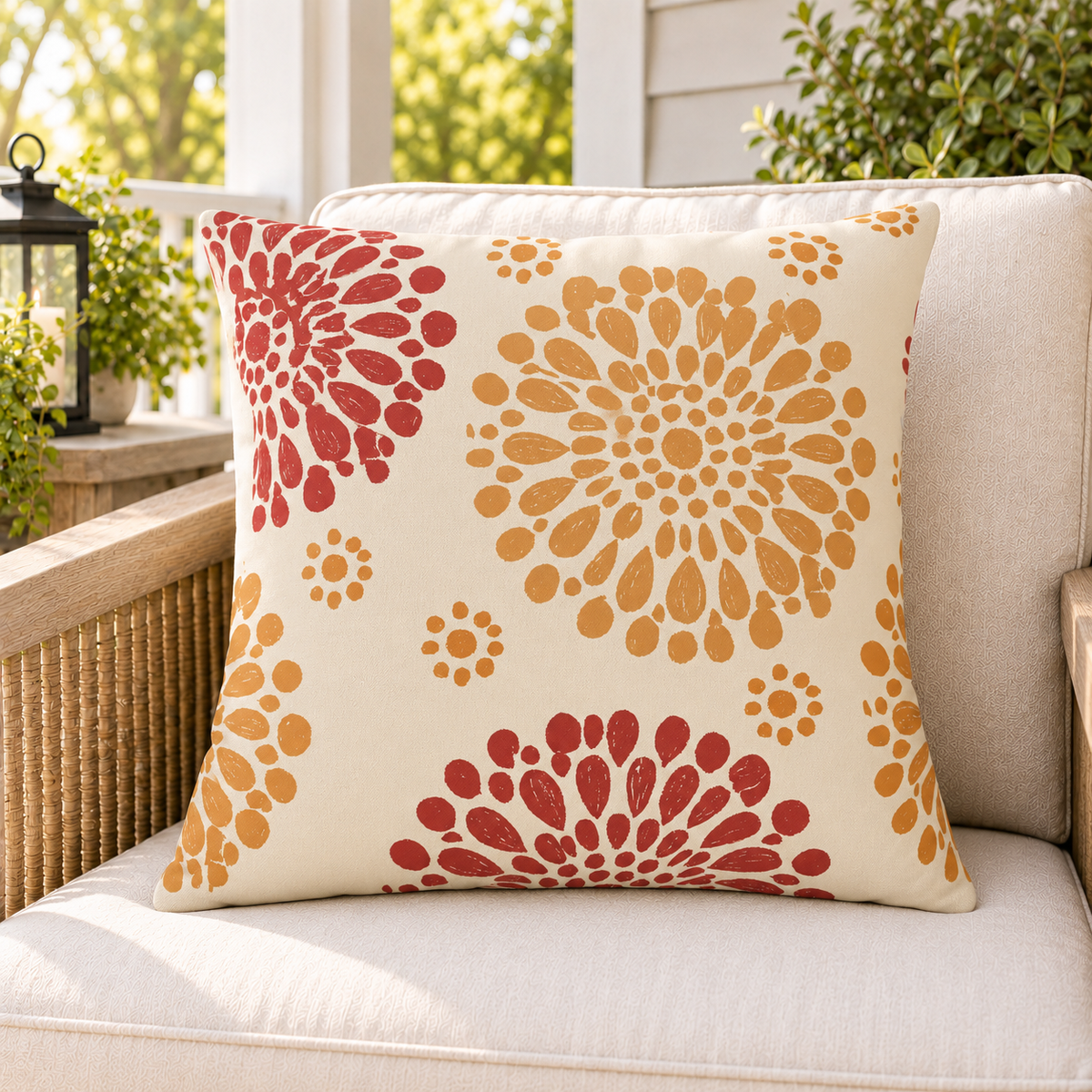 Rust and orange block print mum fall outdoor pillow styled on patio furniture