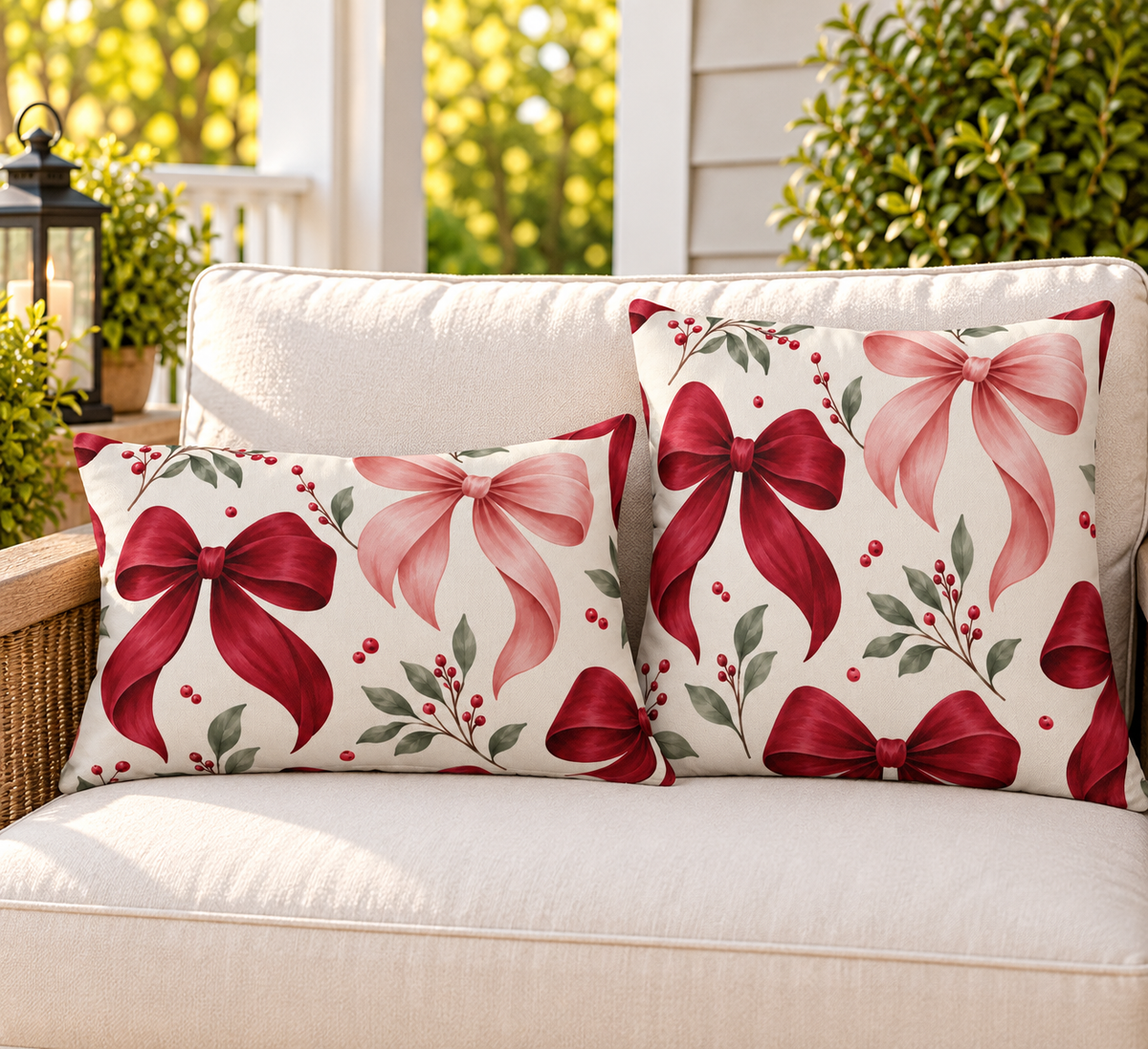 Red satin bow winter outdoor pillow and outdoor lumbar pillow styled together as a set