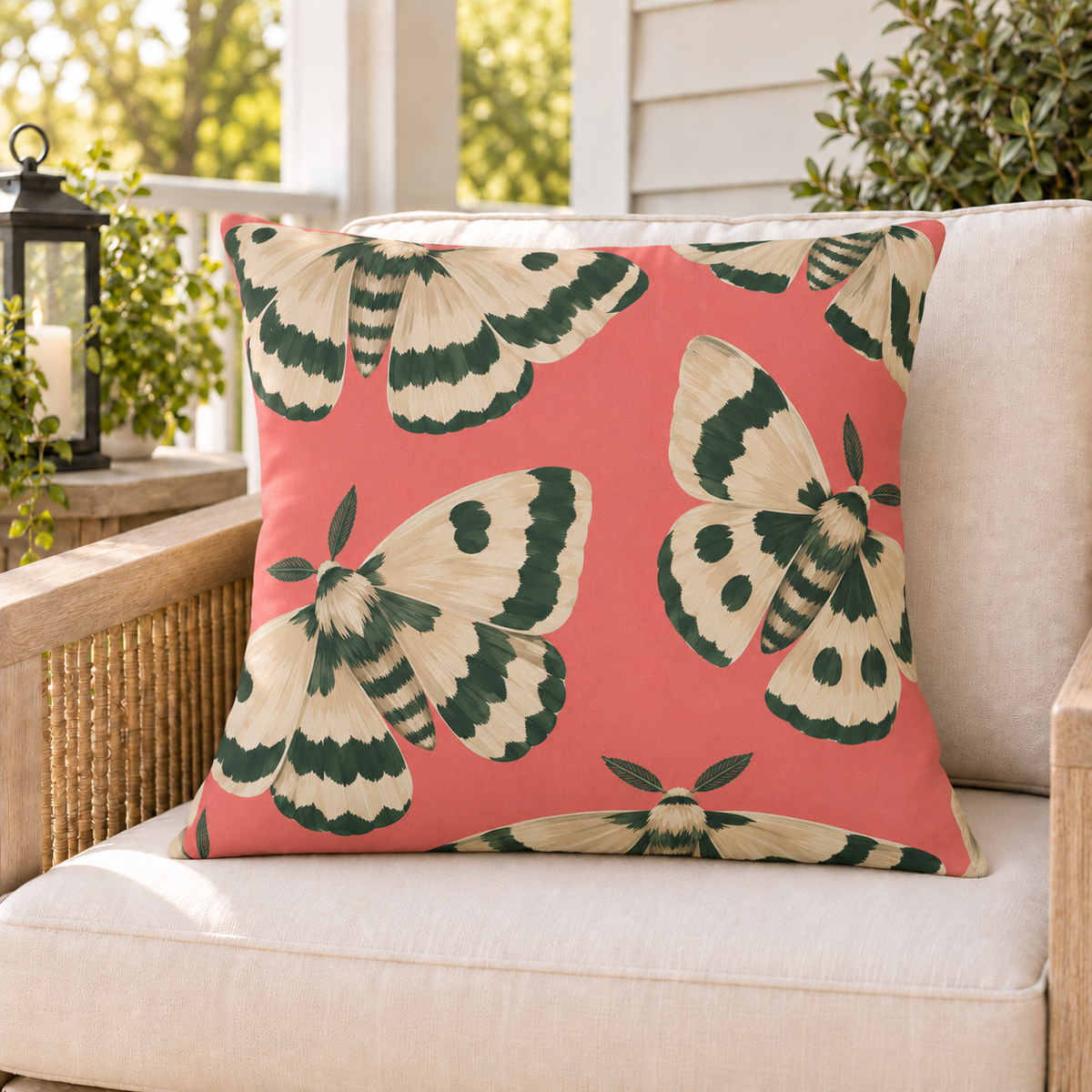 Coral pink moth outdoor pillow styled on patio furniture