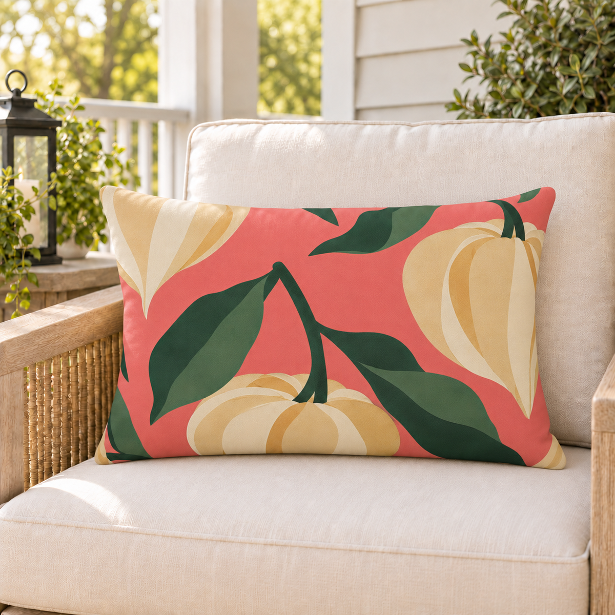 Coral Chinese lantern pod fall outdoor lumbar pillow styled on patio furniture