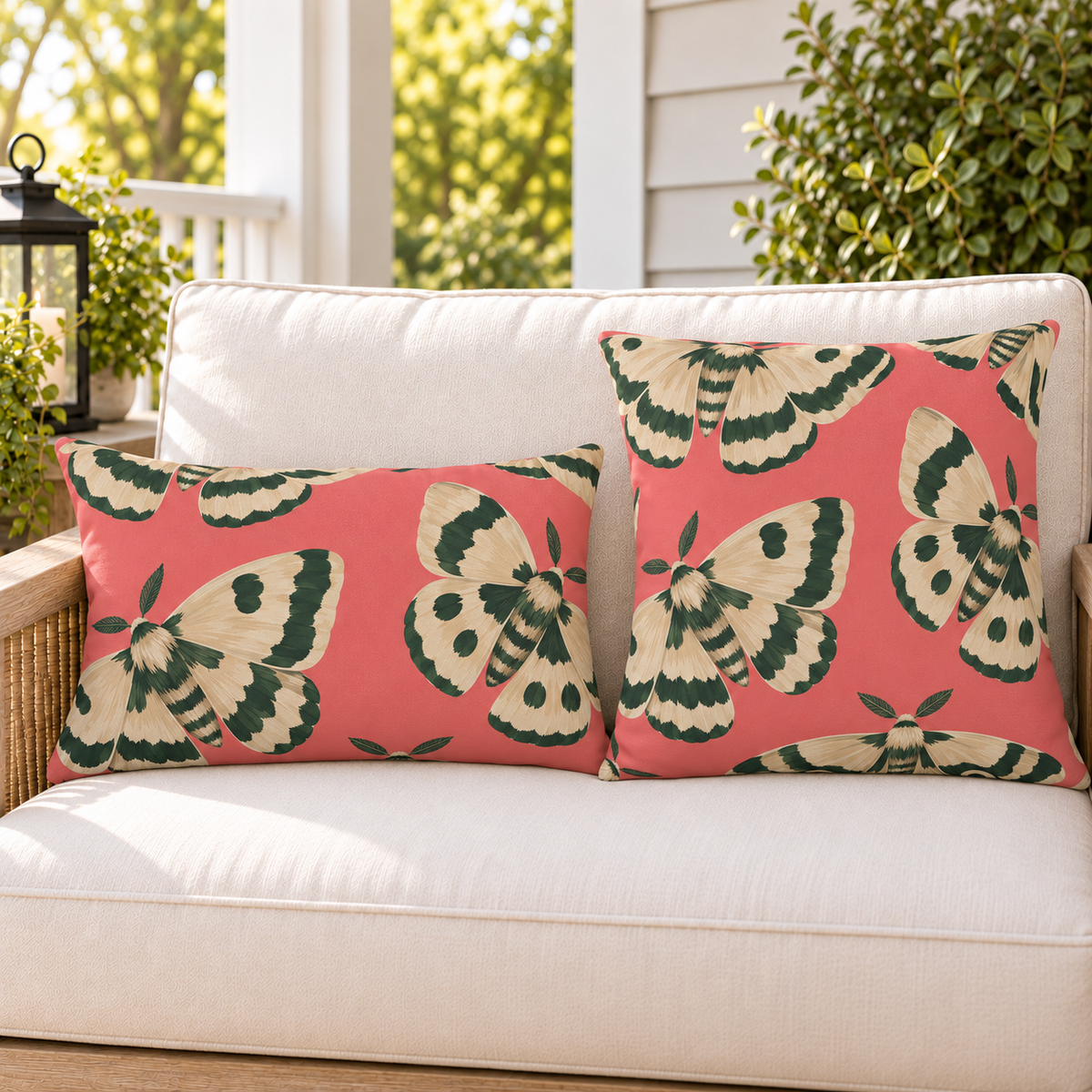 Coral pink moth outdoor pillow and outdoor lumbar pillow styled together as a set