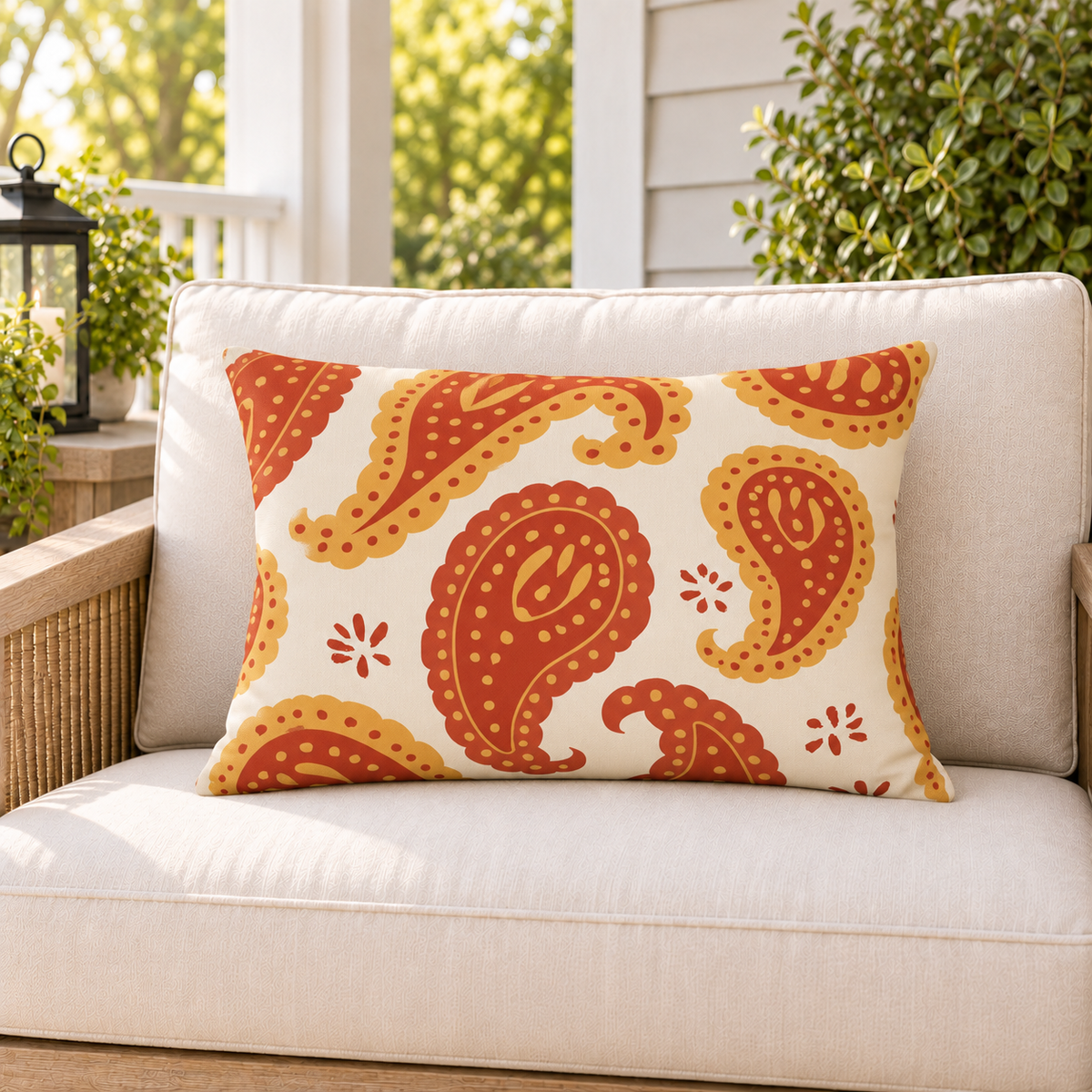 Rust and mustard paisley outdoor lumbar pillow styled on patio furniture