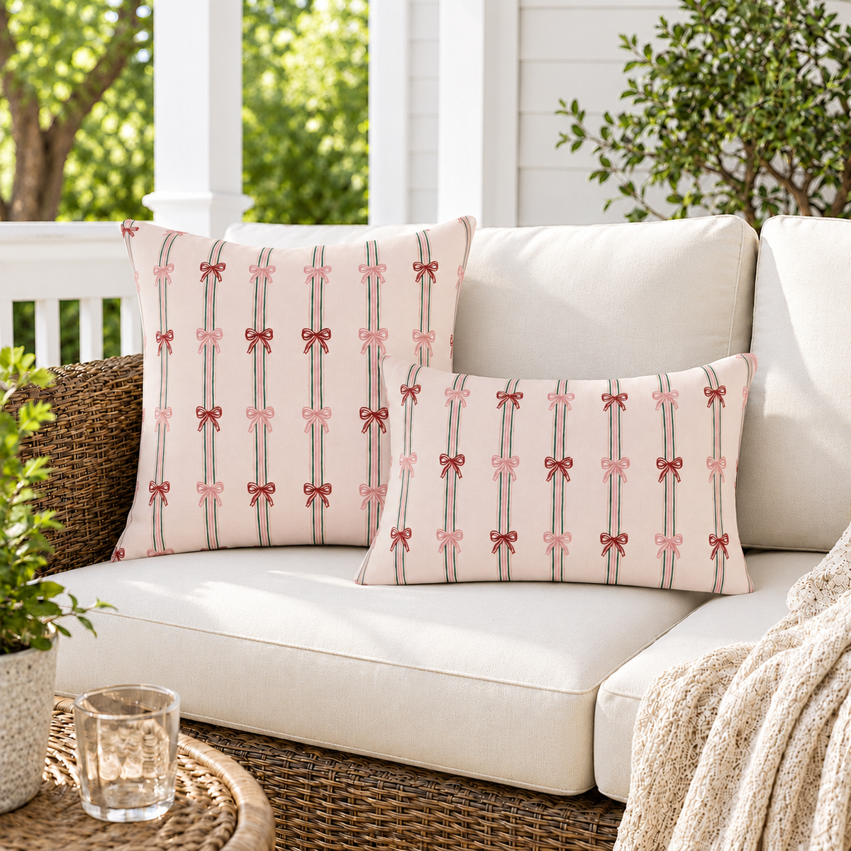 Ribbon Bow Blush Outdoor Pillow
