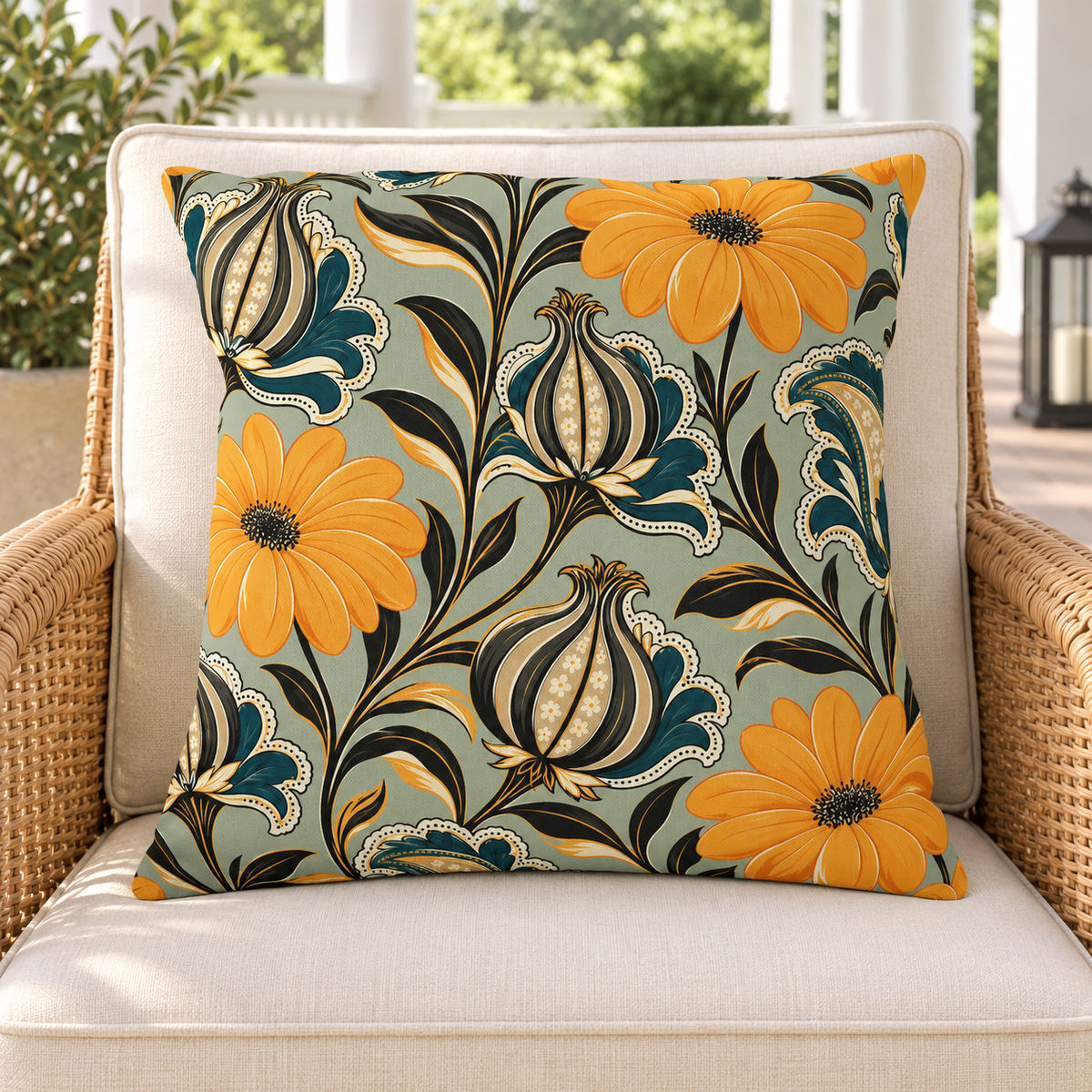 Sage green and mustard folk flower outdoor pillow styled on patio furniture