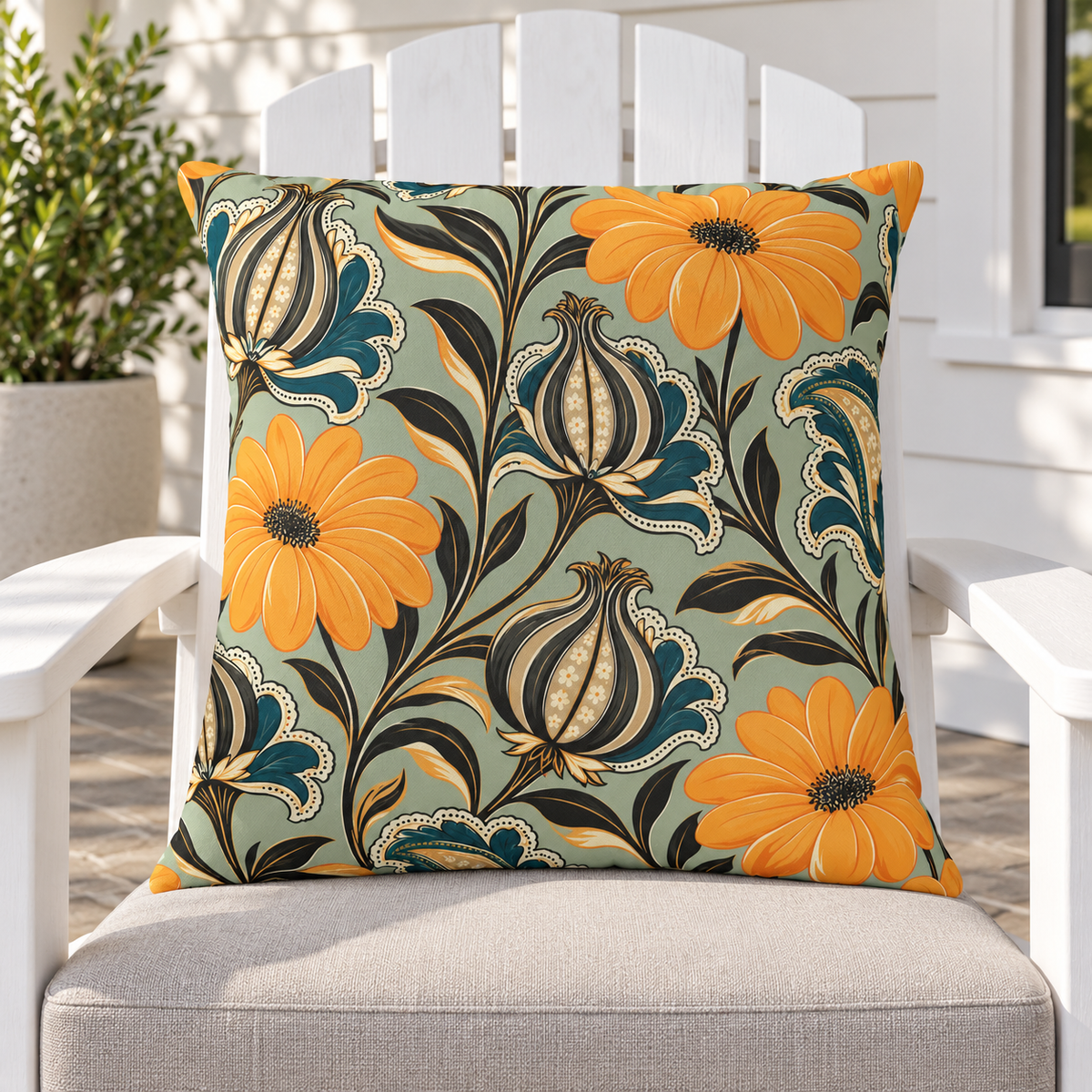 Sage green and mustard folk flower outdoor pillow styled with matching pillows on a porch