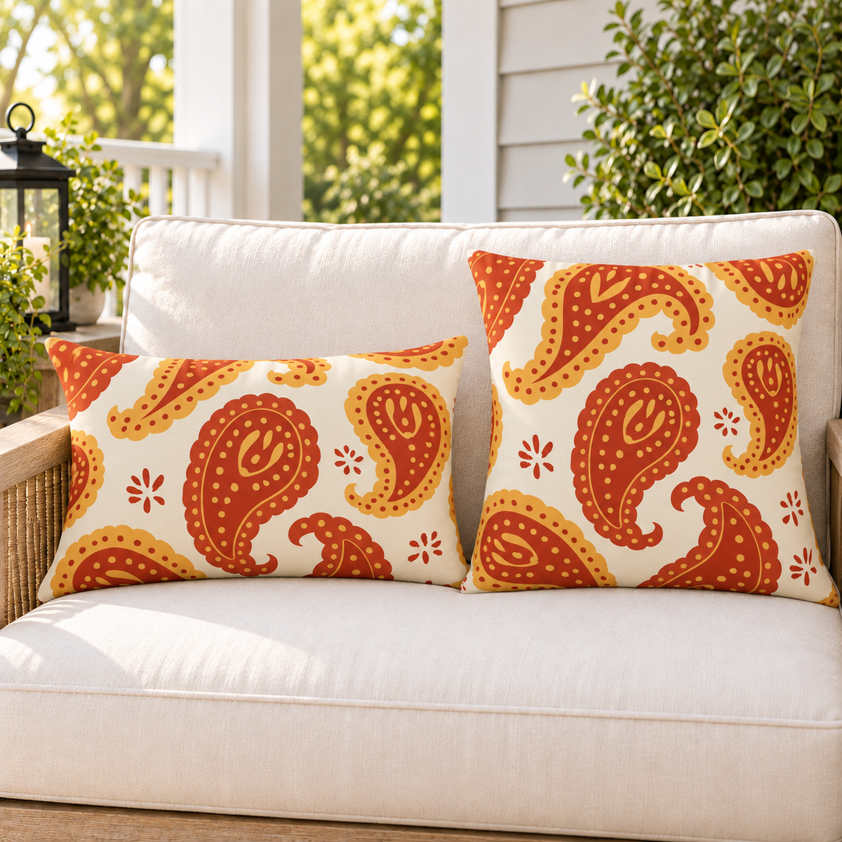 Rust and mustard paisley outdoor pillow and outdoor lumbar pillow styled together as a set