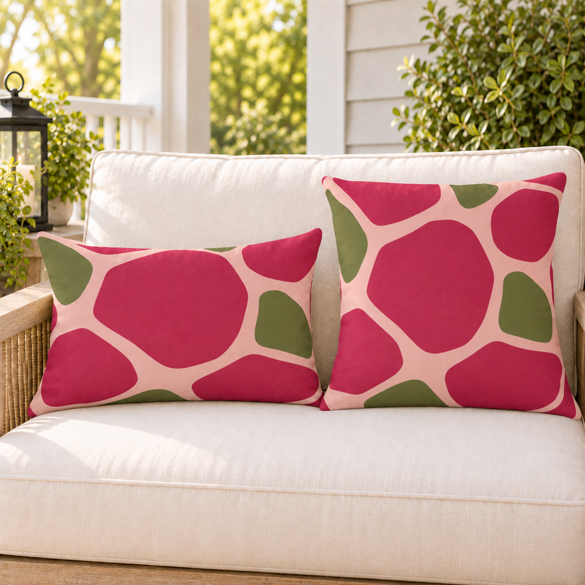 Pink and olive pebble outdoor pillow and outdoor lumbar pillow styled together as a set