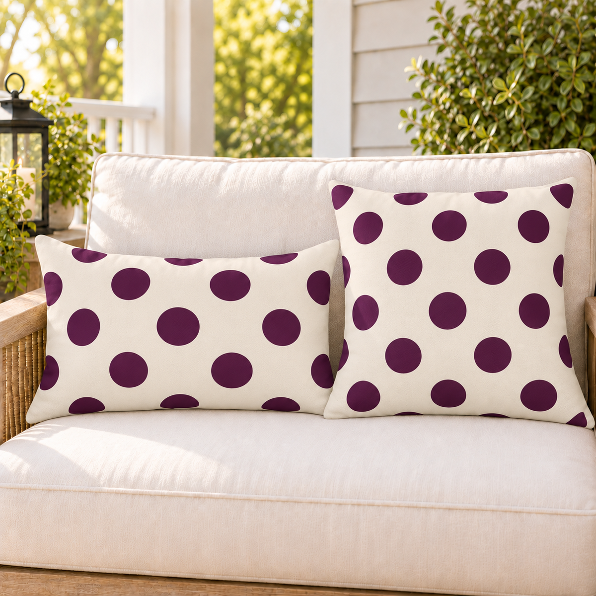 Aubergine polka dot outdoor pillows on a sunny porch, square and lumbar styled together as a set