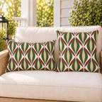 Green and rust retro ogee outdoor pillow and outdoor lumbar pillow styled together as a set