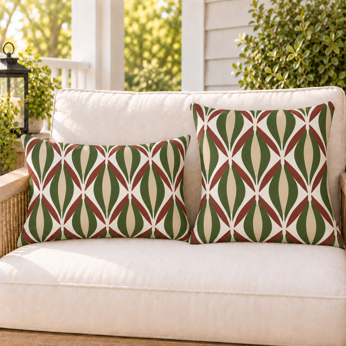 Green and rust retro ogee outdoor pillow and outdoor lumbar pillow styled together as a set